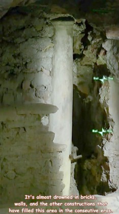 Saint Peters Basilica. Composite image of the south column of the Trophy of Gius fom Rai Video Secrets of a Basilica. - part 2 - (the grave).