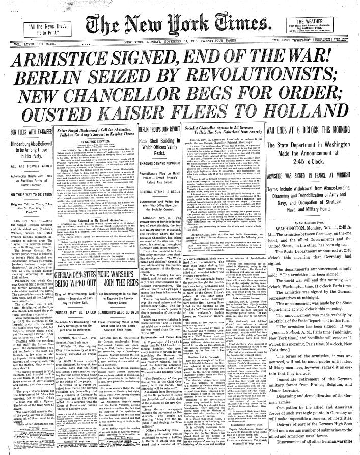 Front page of The New York Times on Armistice Day, November 11, 1918. Photo: Wikipedia.
