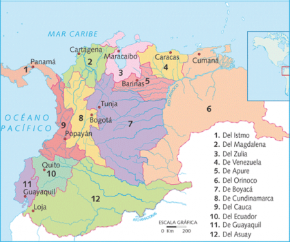 Simon Bolivar, map of La Gran Colombia. Source: http://co.kalipedia.com