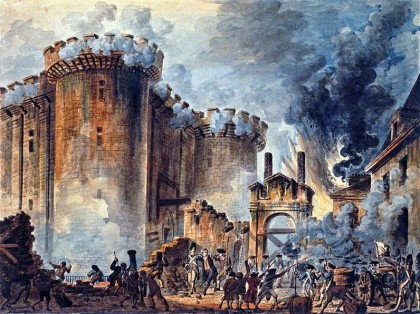 French Revolution in 1789. "The Storming of the Bastille", Visible in the center is the arrest of Bernard René Jourdan, marquis de Launay (1740-1789). Wikipedia.