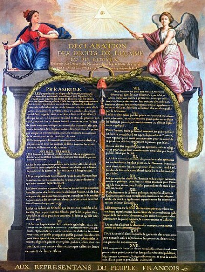 French Revolution in 1789. Representation of the Declaration of the Rights of Man and of the Citizen in 1789 Includes "Eye of providence" symbol (eye in triangle). Photo: Wikipedia.