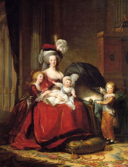 French Revolution in 1789. This State Portrait by Élisabeth Vigée-Lebrun (1787) of Marie Antoinette and her children Marie Thérèse, Louis Charles (on her lap), and Louis Joseph, was meant to help her reputation by depicting her as a mother and in simple, yet stately attire. Photo: Musée national des Châteaux de Versailles et de Trianon, Wikipedia.