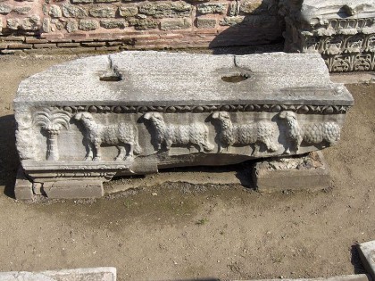 Stone remains of the basilica ordered by Theodosius II, showing the Lamb of God. Photo: Wikipedia. Georges Jansoone JoJan.