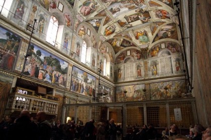 Sistine Chapel ceiling. Sistine Chapel showing the East Wall and a portion of North Wall. Photo: Wikipedia, Clayton Tang.
