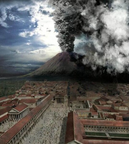 Pompeii, Vesuvius eruption. Artist's depiction of the eruption which buried Pompeii (from BBC's Pompeii: The Last Day). The depiction of the Temple of Jupiter and the Temple of Apollo are nonetheless inaccurate, as these temples had been destroyed in the earthquake just 17 years earlier. Photo: Wikipedia. http://en.wikipedia.org/wiki/File:Pompeii_the_last_day_1.jpg