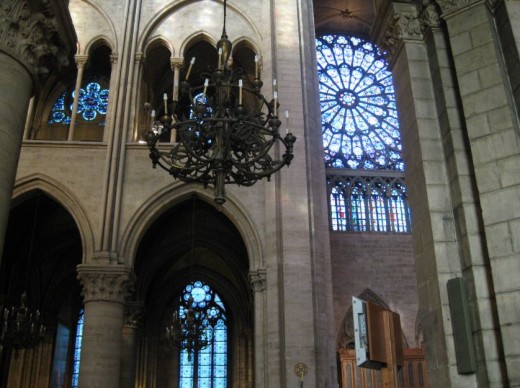 Gothic cathedral. Pointed arches and rosette in Notre Dame in Paris.