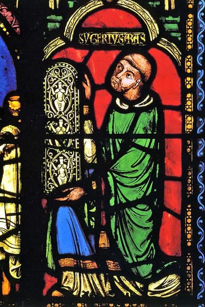 Saint Denis, Abbot Suger under the Tree of Jesse, offering a stained glass window.