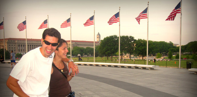 Travel with your spouse. Couple strolling through Washington